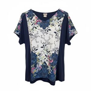 Chico’s Floral Top Blouse 1 8 M Medium Blue‎ V Neck Soft Stretch Tee Shirt